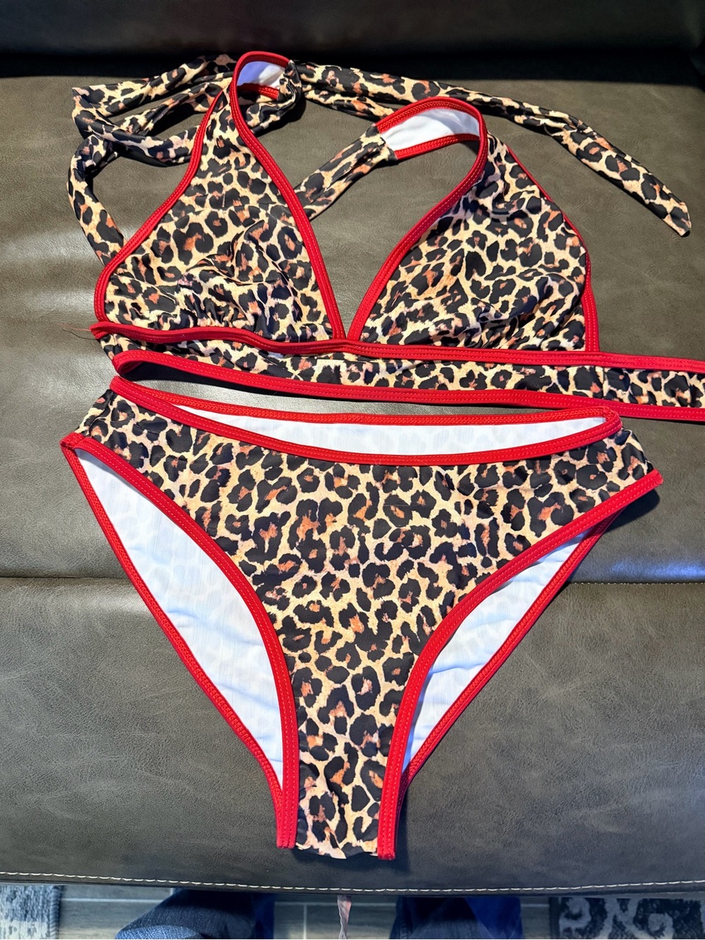Leopard Print Bikini with Red Trim - Women's Two-Piece Swim Set